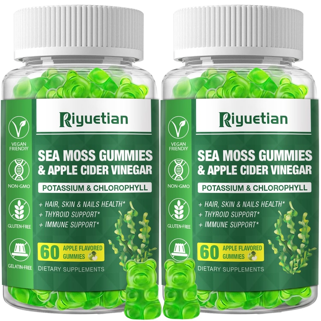 2 Pack Sea Moss Gummies - 120 Vegansk Irske Moss Gummy Bears - Lavet med Natural & Organic Sea Moss Gel, Bladderwrack & Burdock Root - Seamoss supplement til energi, immunforsvar