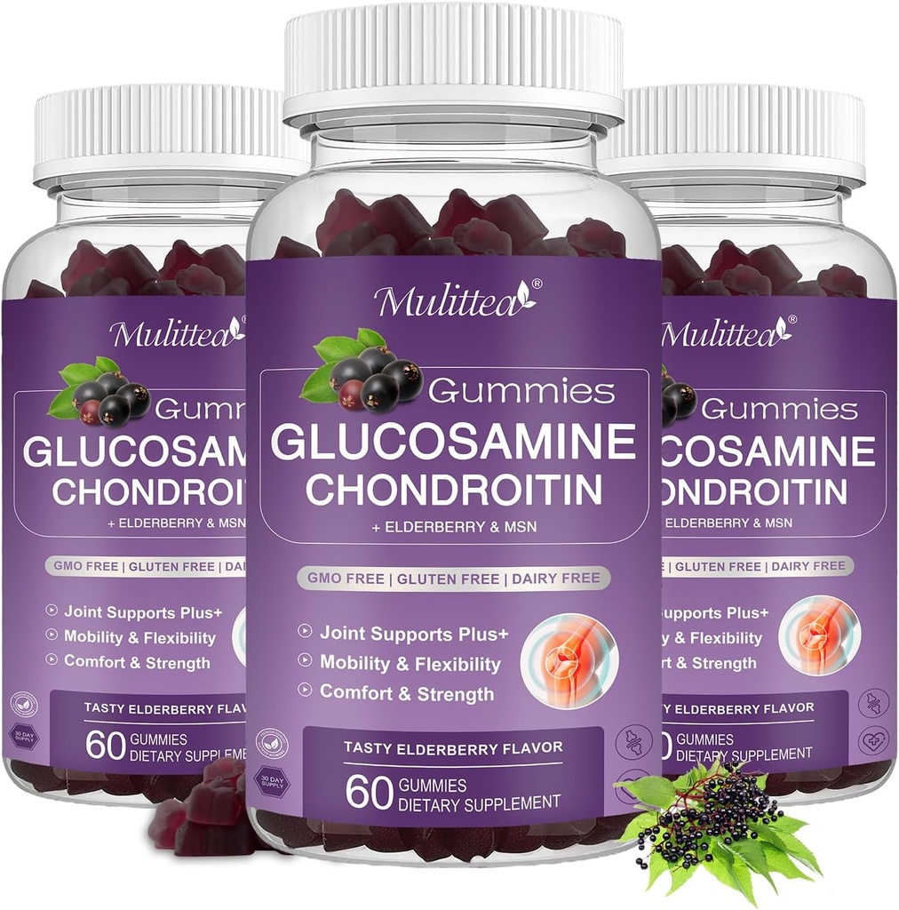 Mulitea Glucosamine Chondroitin Gummies - Ekstra styrke fælles støtte tillæg med MSM & Elderberry til naturlige fælles, Antioxidant immunforsvar til voksne, Mænd & Women- (3 Pack)