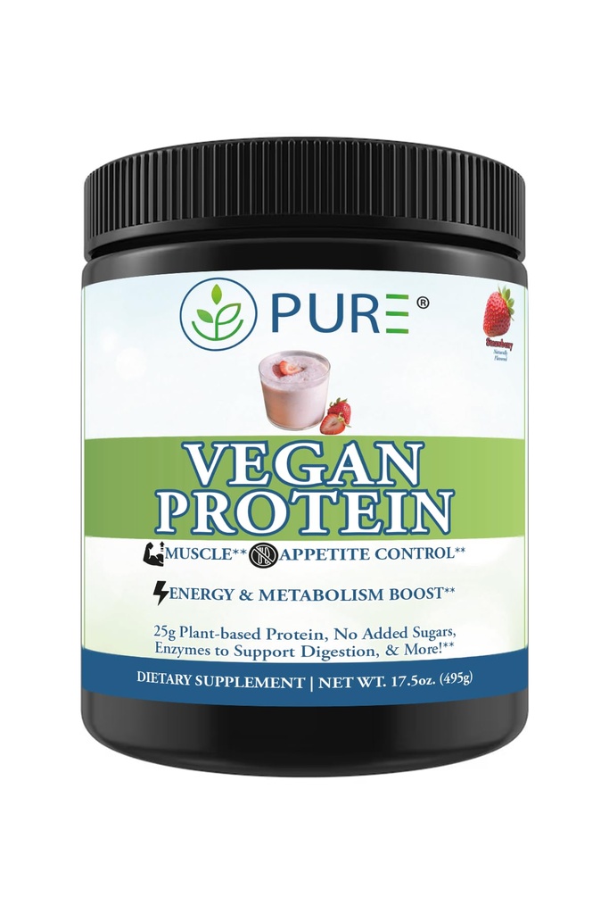 PURE® Vegan Protein Powder - 25g Plant Based Protein, 15 Servings - Pea & Mung Bean Blend with Digestive Enzymes - Dairy-Free - Muscle Recovery & Appetite Control - Strawberry 495 Grams