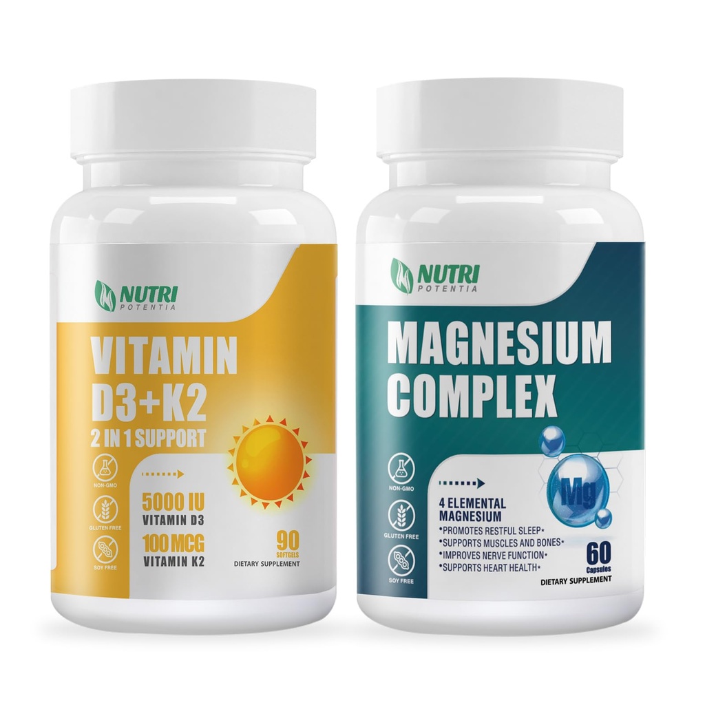 Vitamin D3 K2 med MCT Oil 90 Softgels & Magnesium Breakthrough Complex Supplementet 124; Knogler, hjerte, muskel & nervesystem support - ikke-GMO