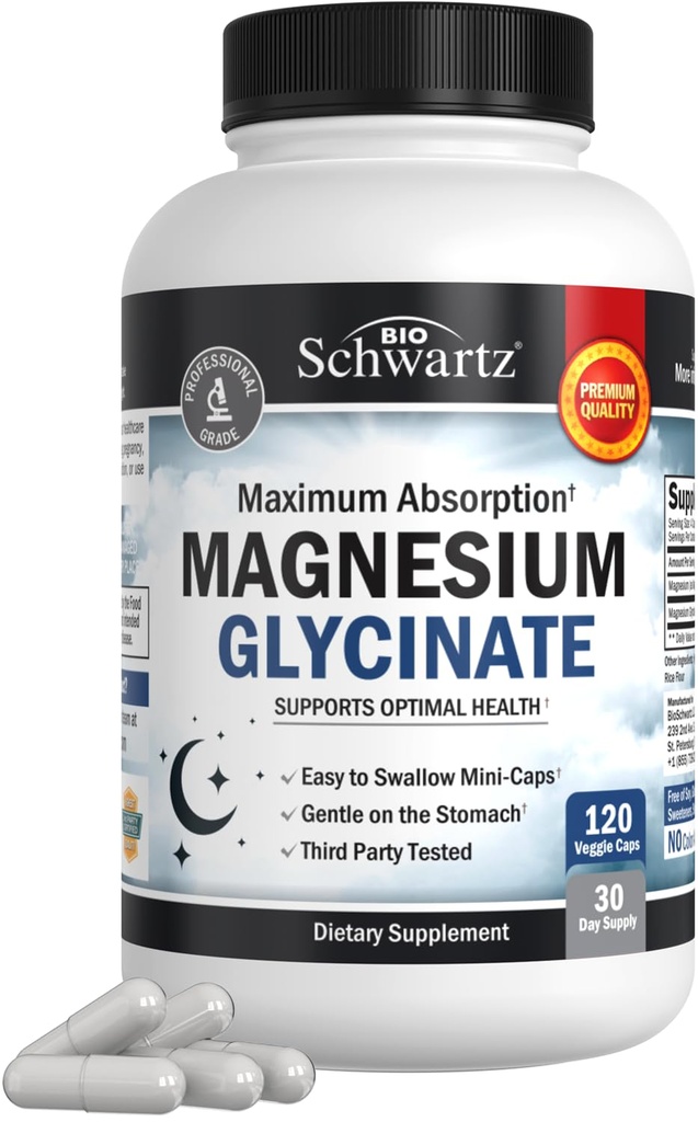 BioSchwartz Magnesium Glycinate 500 mg kapsler (120 Mini Caps) Maksimum Absorption Magnesiumsupplement til raske nerver Muskler Heart Mood and Sleep Support (Vegan, Gluten- Free, Non- GMO)