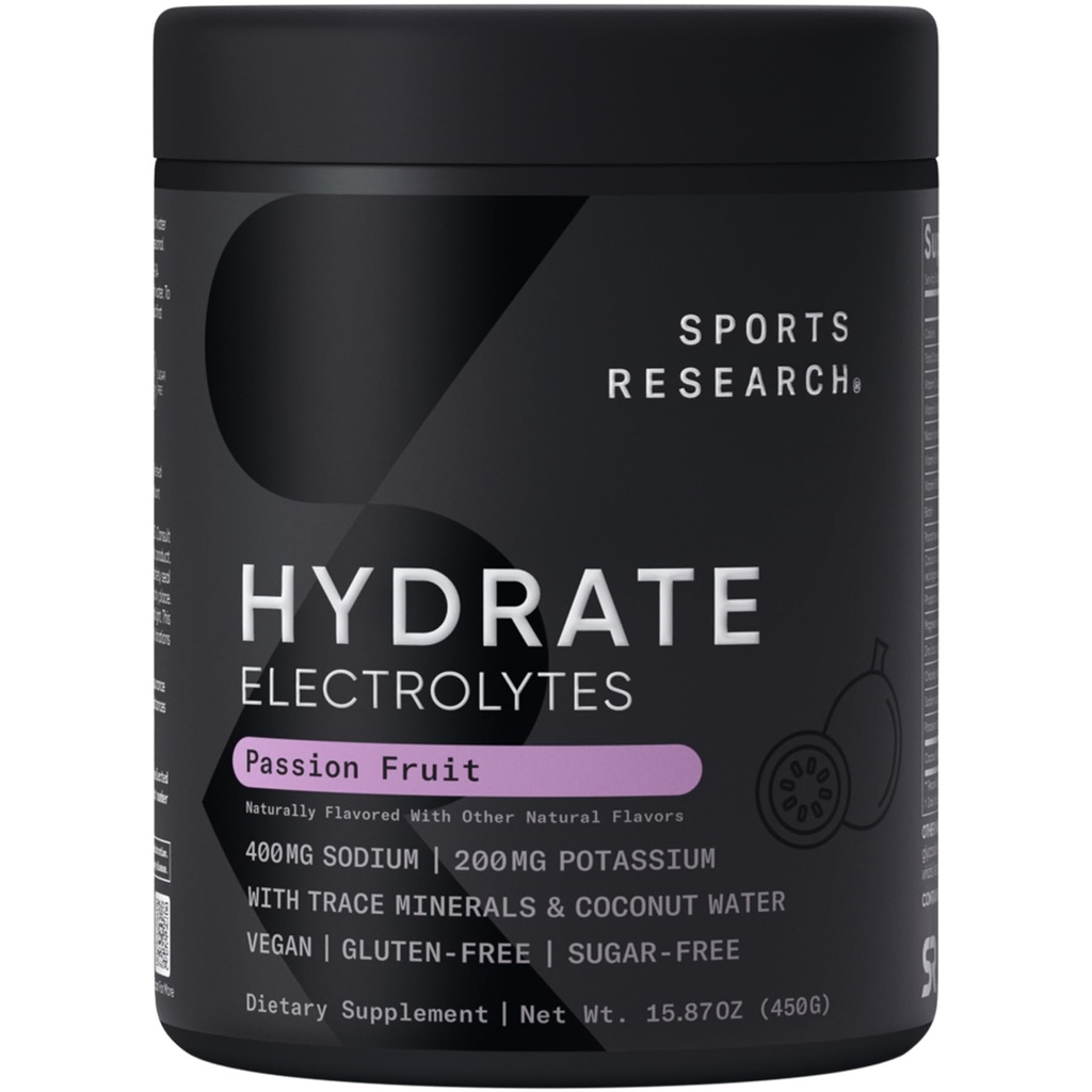 Sportsforskning ® Hydrate Electrolytes Powder - Sugar- Free & naturligt tilsat vitaminer, mineraler og kokosvand - Understøtter hydrering - Passionsfrugt - 90 Servering