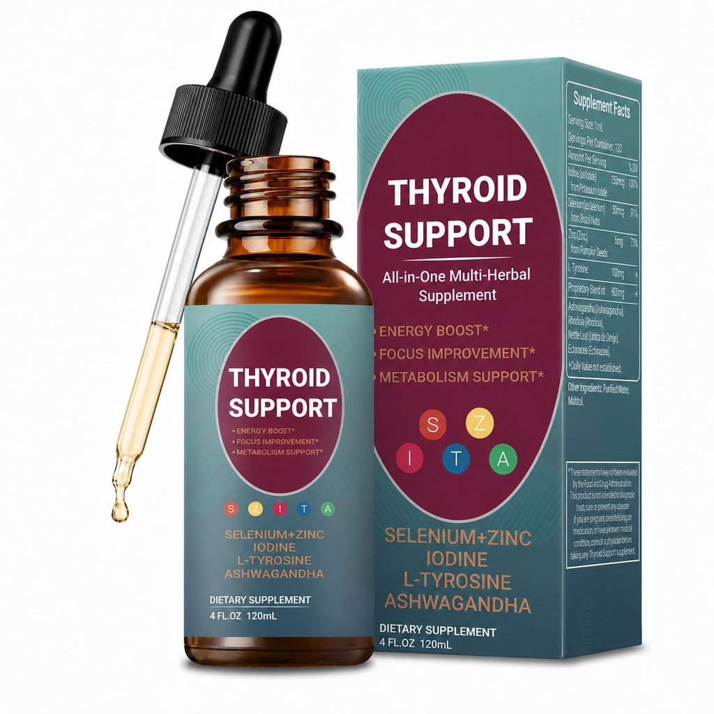 Thyroid Support Liquid Drops with Iodine, Selenium, Zinc, L-Tyrosine & Ashwagandha, Vegetarian, Gluten Free, Soy Free, Non-GMO, 120 mL (4 fl oz)