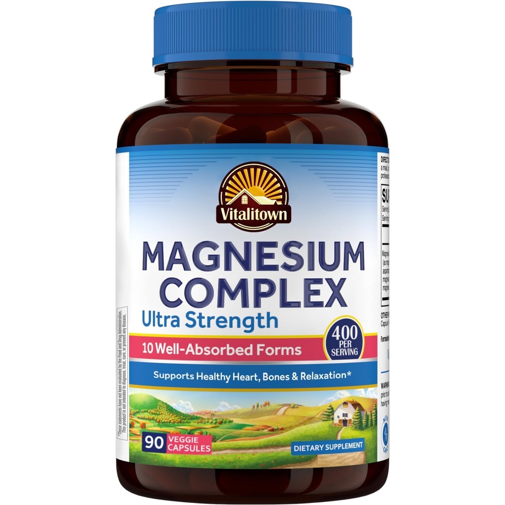 Vitalitown 10 i 1 Magnesium Complex Supplement - 400mg Elemental Magnesium Chelated with Glycinate, Citrate, Malate, Taurate & More - for dvalehjerteenergi - Non- GMO, Vegan, 90 Caps