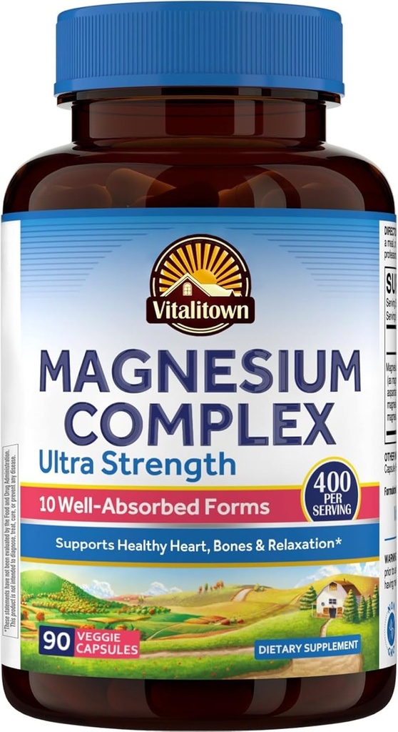 Vitalitown 10 i 1 Magnesium Complex Supplement - 400mg Elemental Magnesium Chelated with Glycinate, Citrate, Malate, Taurate & More - for dvalehjerteenergi - Non- GMO, Vegan, 90 Caps