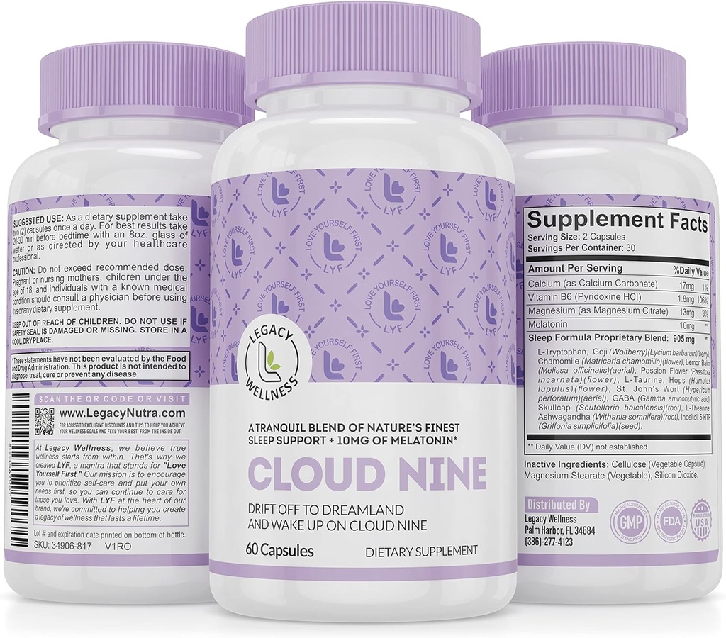 Cloud 9 - All Natural Sleep Aid Supplement - Afslappende Vitamin & Herbal Formel - 10mg Melatonin Calcium Magnicium L- Theanine 5- HTP GABA St. John 's Wort Ashwagandha Kamille & mere 60 Veganske kapsler
