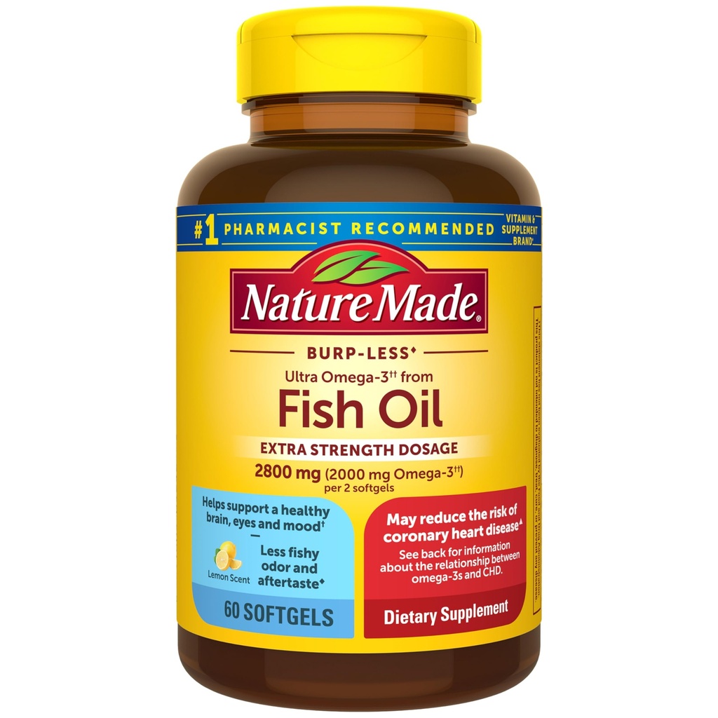 Nature Made Extra Strength Omega 3 Fish Oil Supplements, 2800mg, Fish Oil Omega 3 Supplements as Ethyl Esters for Sund Hjerte, Brain, Eyes, Mood Support, 60 Softgels, 30 Day Supply