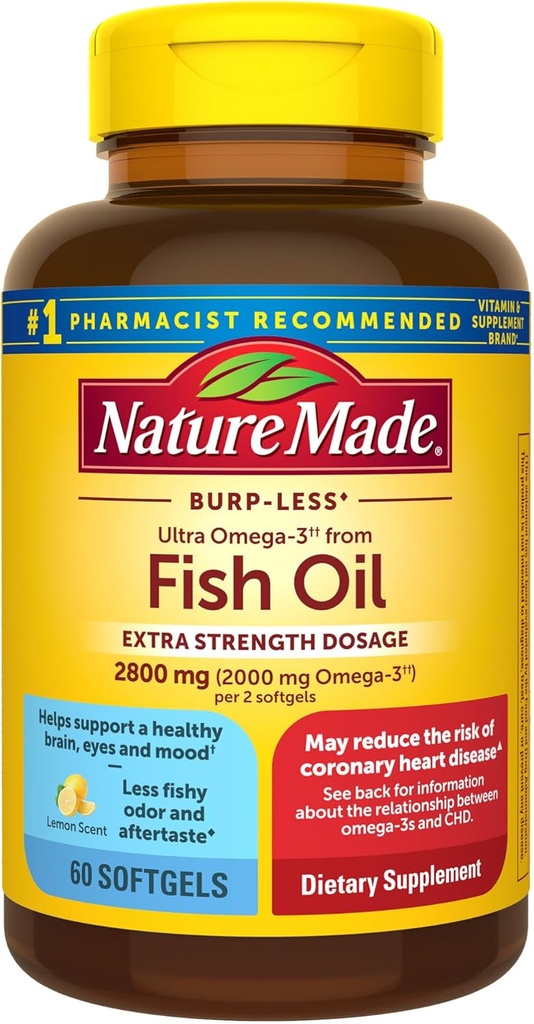 Nature Made Extra Strength Omega 3 Fish Oil Supplements, 2800mg, Fish Oil Omega 3 Supplements as Ethyl Esters for Sund Hjerte, Brain, Eyes, Mood Support, 60 Softgels, 30 Day Supply