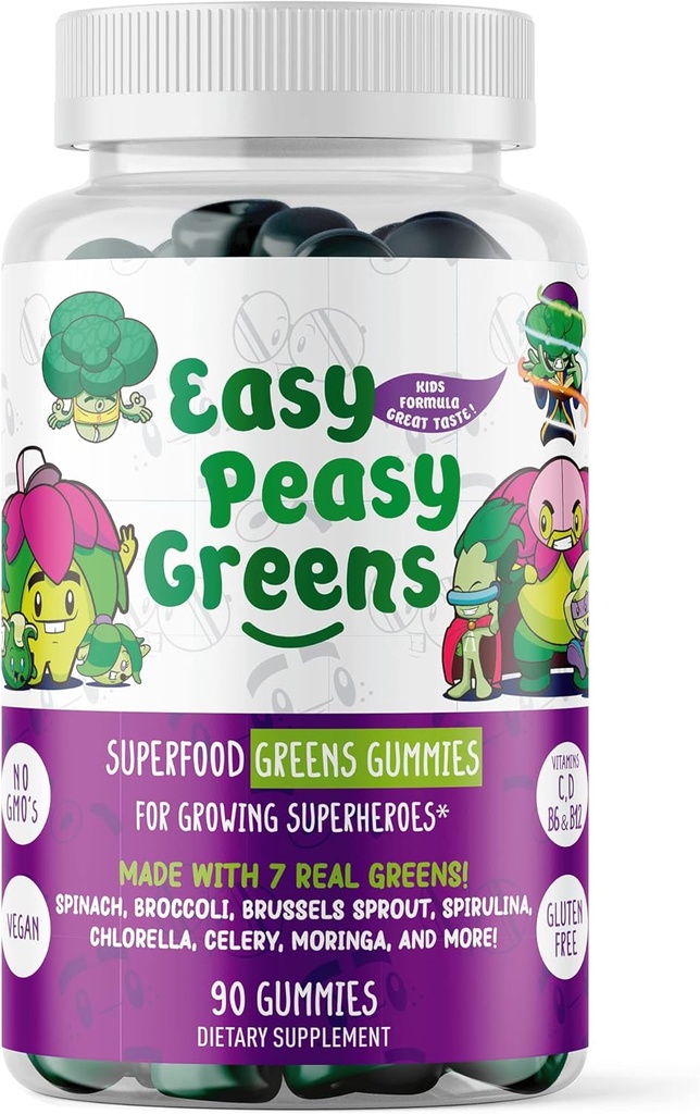 EasyPeasyGreens Daily Veggie Gummies for Kids - 90 Green Gummies - Hjælper Picky Eaters få deres Veggies i - Lavet med 10 Real Vegetabilske Ekstrakter og 100% Vegan