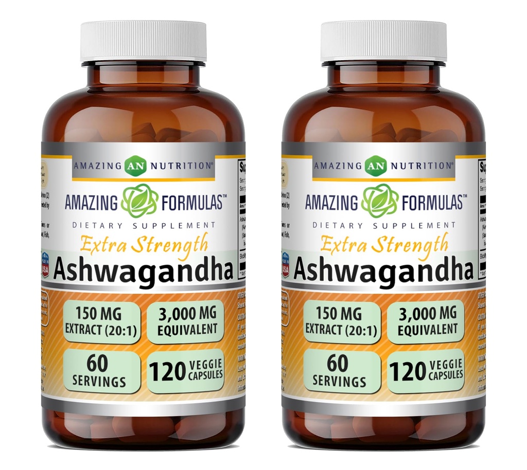Amazing Formulas Ashwagandha Extract Supplement | 150 Mg Extract (20:1) | Veggie Capsules | Non-GMO | Gluten-Free | Made in USA (120 Count) (Pack of 2)