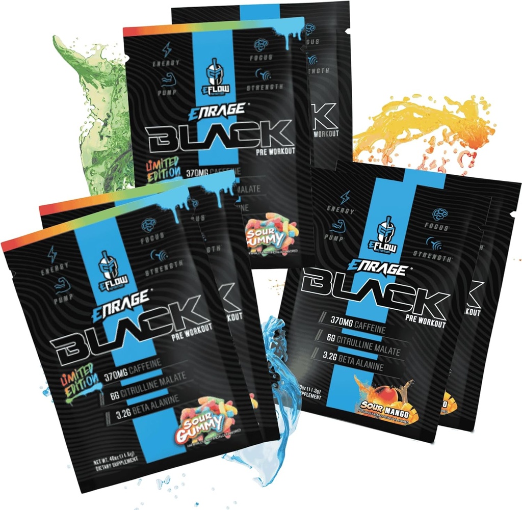 eFlow Nutrition ENRAGE Black Preworkout Sample Packs - Travel Packs - High Stim Energy, Pump, Styrke, Endurance, Focus, Nootrop Formel - Sour Gummy & Sour Mango Flavor (6 pakker)