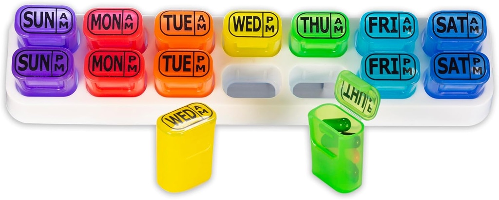 GMS Weekly Pill Organizer - 7 Dag AM / PM Pop Out Pill Pods til kosttilskud, Vitamin & Medicin - Ideel til daglig brug & Rejser - Rainbow