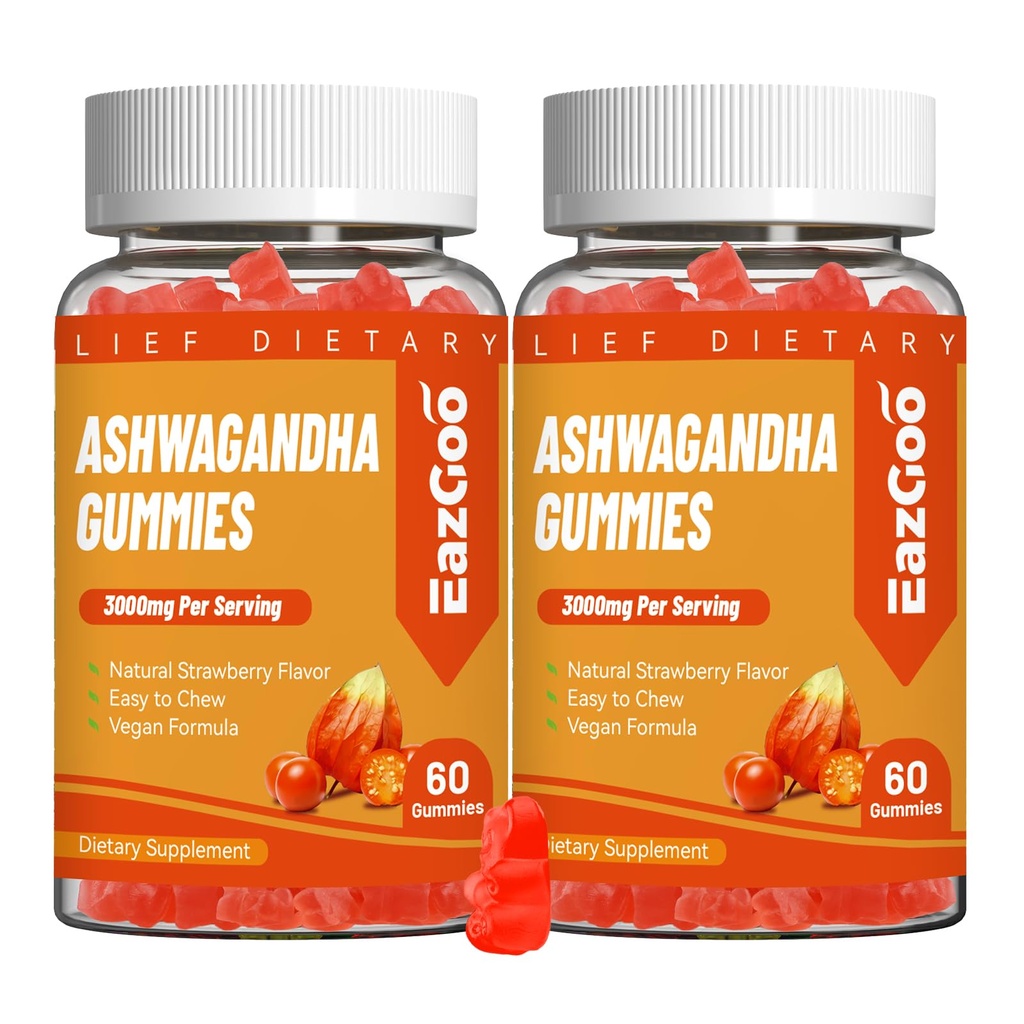 2 Pack Ashwagandha Gummies & Vitamin D3, 3000mg Extra Strength Ashwagandha Root Extract for Boosts Energy, Immune Support, Non-GMO, Strawberry Flavor, 120 Count