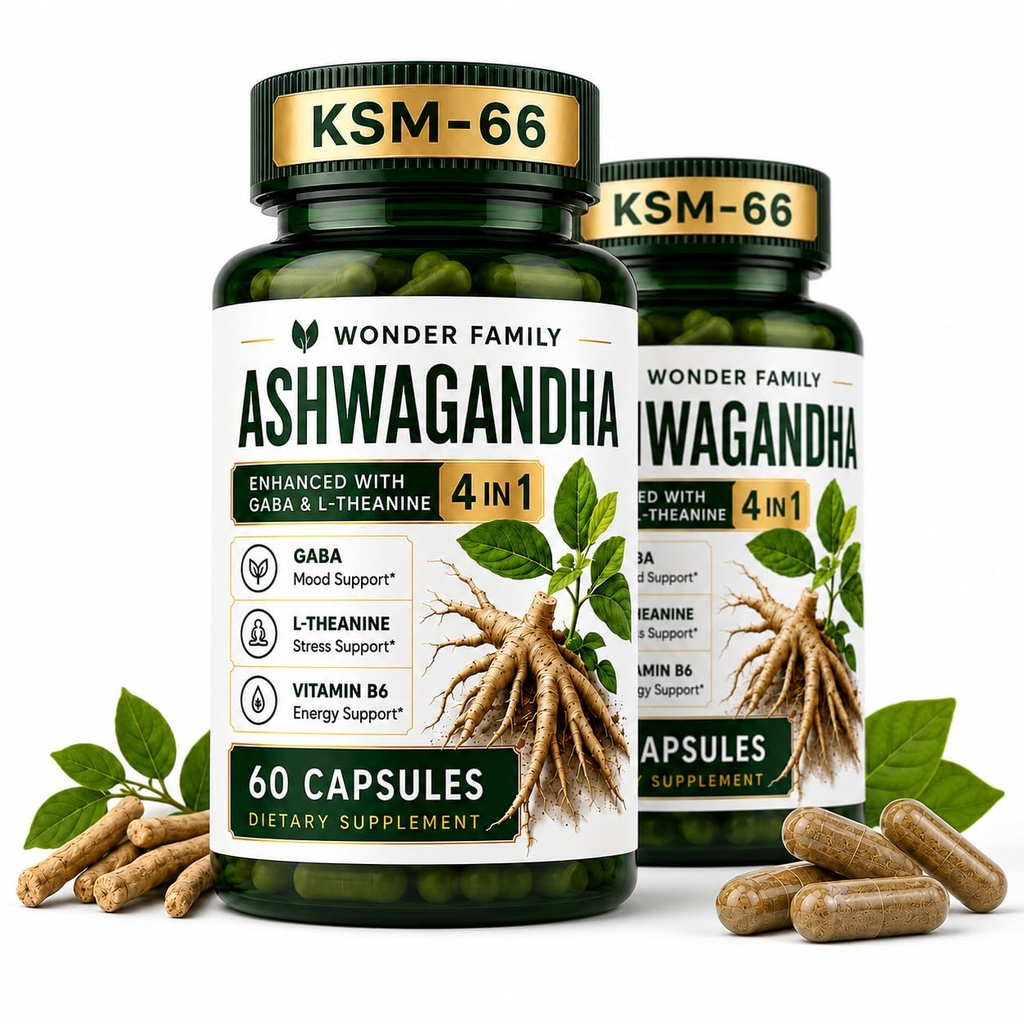 WONDER FAMILY Ashwagandha Complex 800mg with GABA, L-Theanine & B6 – 400mg Ashwagandha per Day – Adaptogenic Support for Calm, Focus & Mood – 120 Capsules – 2 Pack