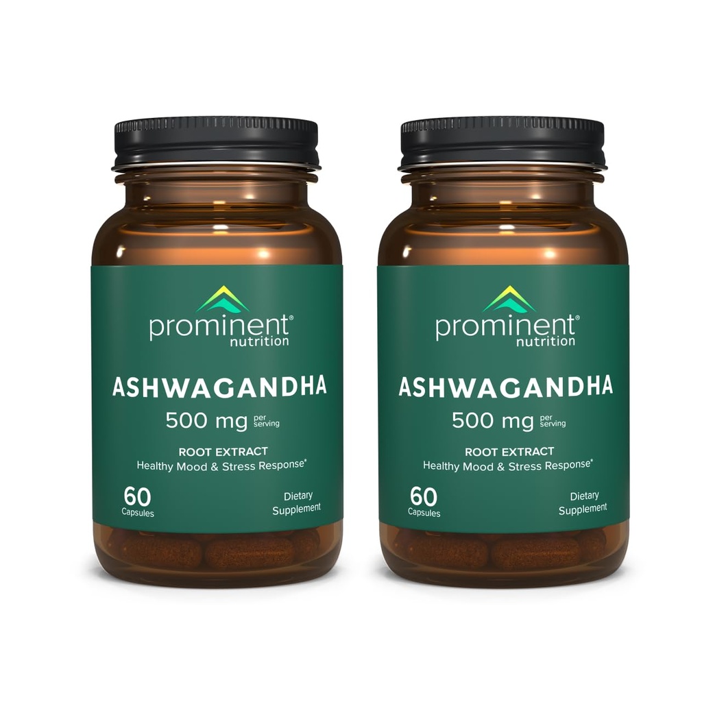 Prominent Nutrition Ashwagandha Supplement - Clinically Researched Shagandha Root Extract for Healthy Mood & Stress Support, Standardized to 2.5% Withanolides, 500 mg, 60 Vegan Capsules - 2 Pack
