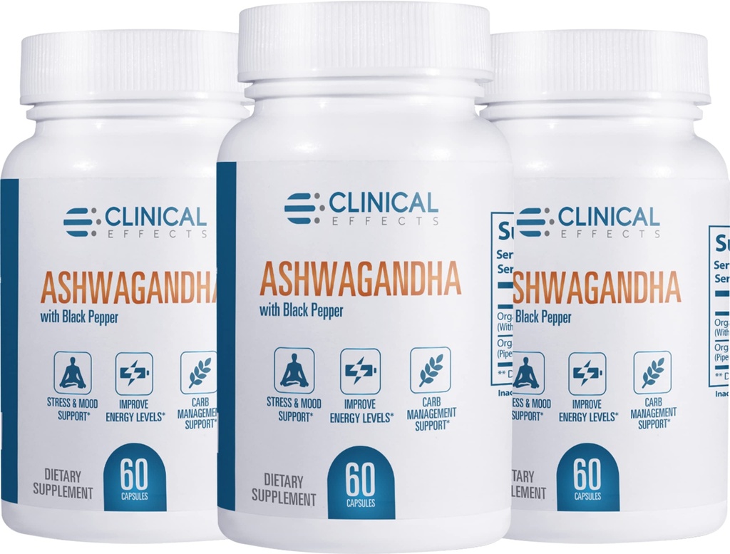 Clinical Effects Ashwagandha with Black Pepper for Stamina and Calm - 3 Pack, 180 Ashwagandha Capsules - Made in the USA