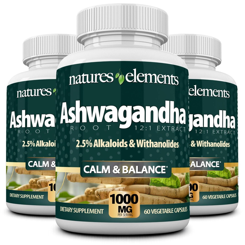 Natures Elements Ashwagandha Root – 12:1 Extract – 1000mg Per Serving – 3 Pack - 2.5% Withanolides & Alkaloids – 180 Veggie Caps – Stress & Energy Support – Non-GMO