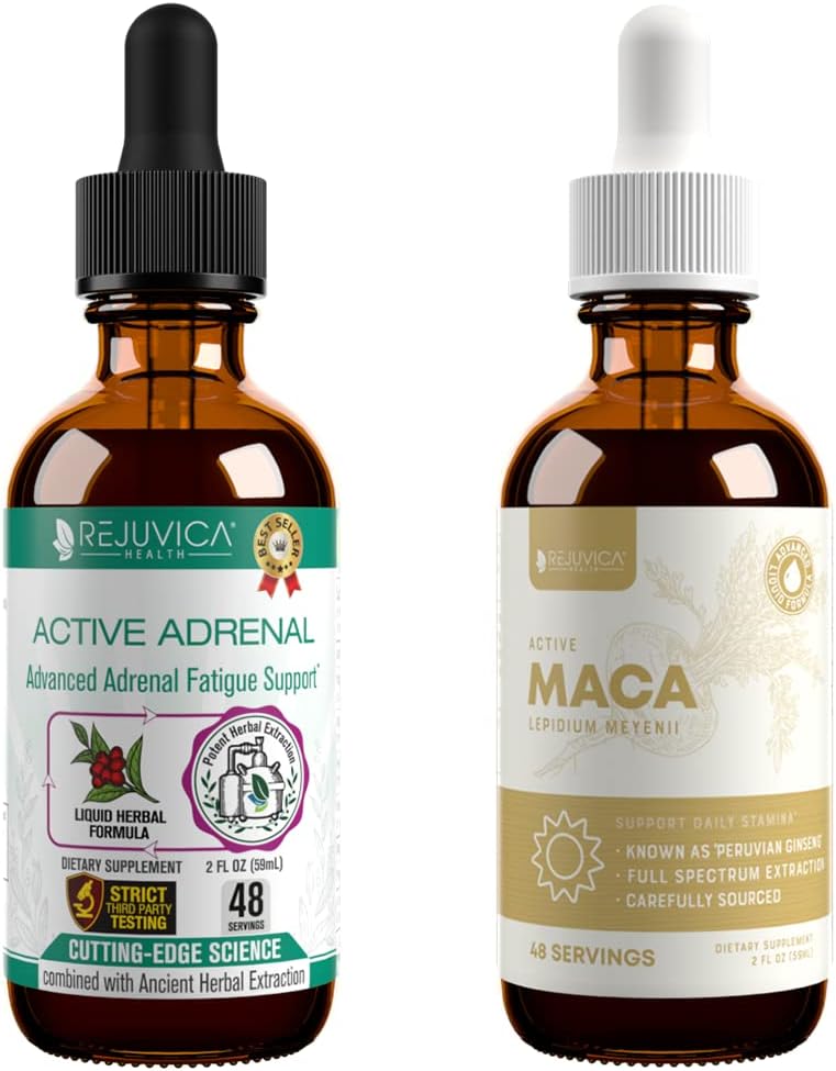 Rejuvica Health Active Adrenal + Active Maca - Support Energy + Stress - Flydende levering til bedre absorption - Rhodiola, Maca, Holy Basil, Ashwagandha & mere!