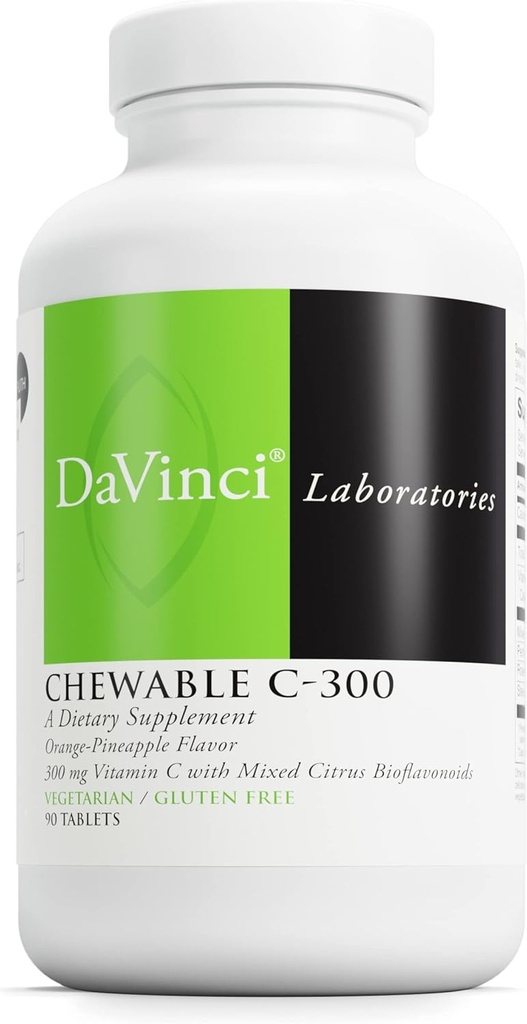 DaVinci Labs Chewable C- 300 - Supplement til Support immunforsvar, Cholesterol og Collagen Produktion - Med C-vitamin, Pektin og mere - Glutenfri - Orange Ananas Flavor - 90 Vegetariske tabletter