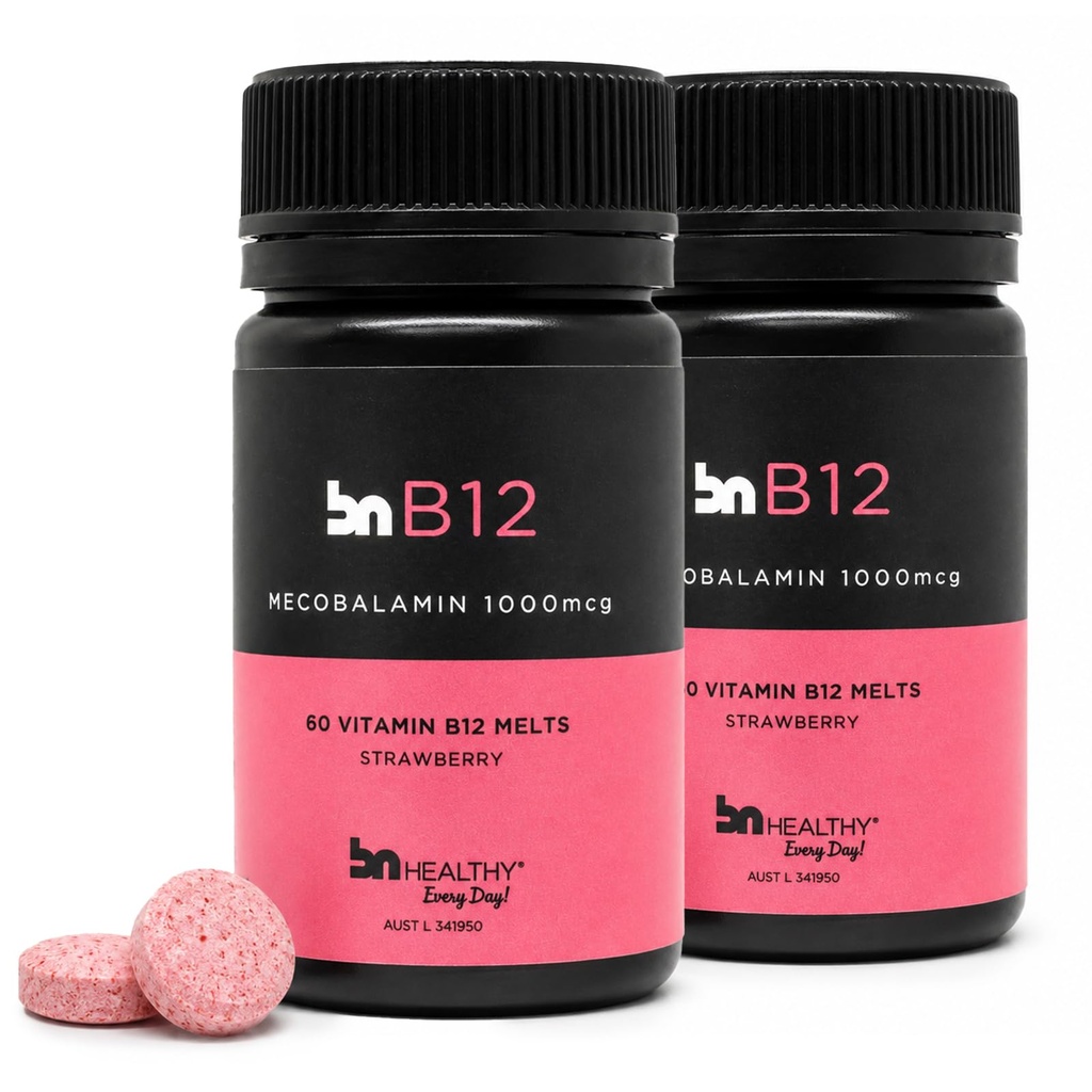 BNHealthy Methylcobalamin Sublingual Melts 1000mcg - Fast Dissolve Strawberry B12 Tablets for Energy and Nervous System Support, 60 Count, 2-Pack (120 Total)