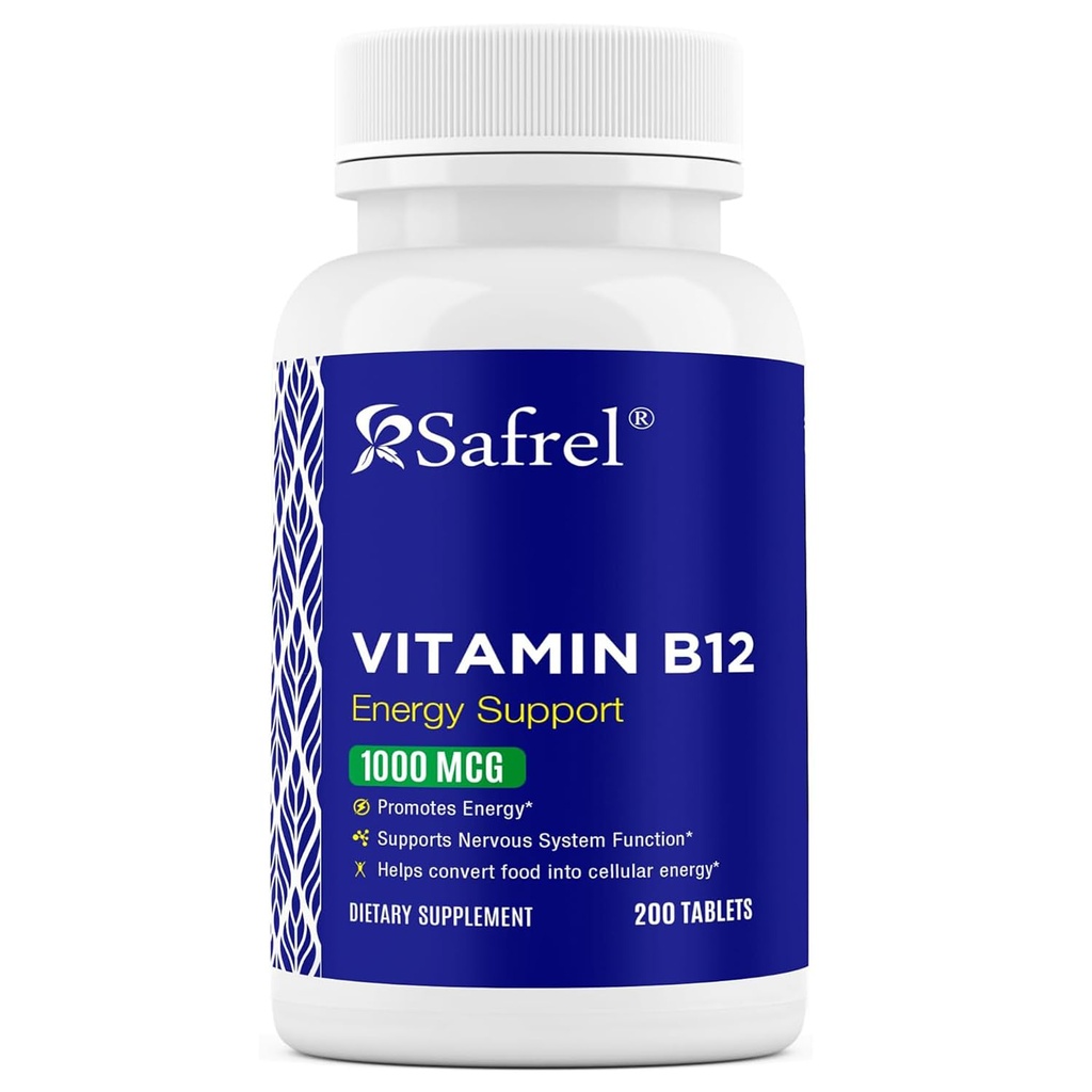 Safrel Vitamin B12 1000 mcg per Tablet, 200 Days Supply, Provides Energy, Metabolism and Nervous System Health Support | Vegan, Gluten Free and Dye Free | Made in USA