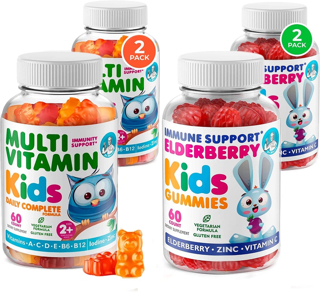 DR. MORITZ Elderberry Gummies for Kids (60 Count 2 Pack) og Kids Multivitamin Gummies Bundle (60 Count, 2 Pack) - for børns immunforsvar og samlet sundhed