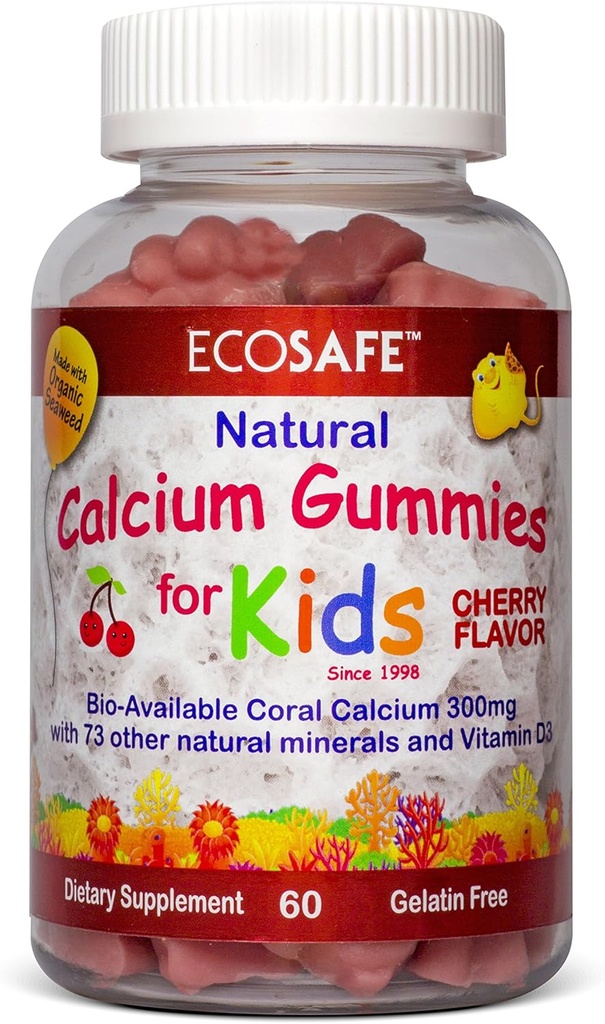 ECO SAFE Coral Calcium Vitamin D3 Kids Gummy, Natural Cherry Flavor, Non GMO, Gluten- Free, Dairy- Free, Soy- Free and Gelatine Free - 300 mg Calcium, og 800 IE D3- 60 Gummies (2 Pack)