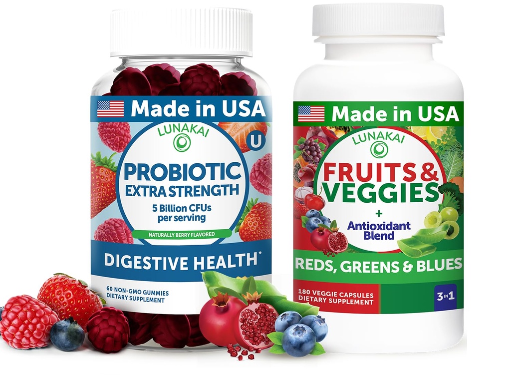 Lunakai USA Made Probiotic Gummies & Fruits & Veggies Capsules – Digestive & Whole-Body Wellness Support – 60 Gummies & 180 Veggie Capsules