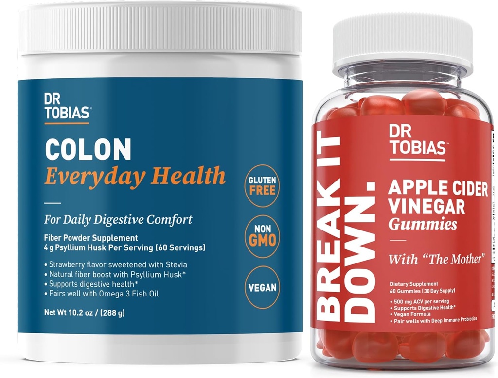Dr. Tobias Apple Cider Vincious Gummies & Colon Everyday Health - Daglig fordøjelse, Detox og rense støtte med ACV Gummies & Psyllium Husk Powder