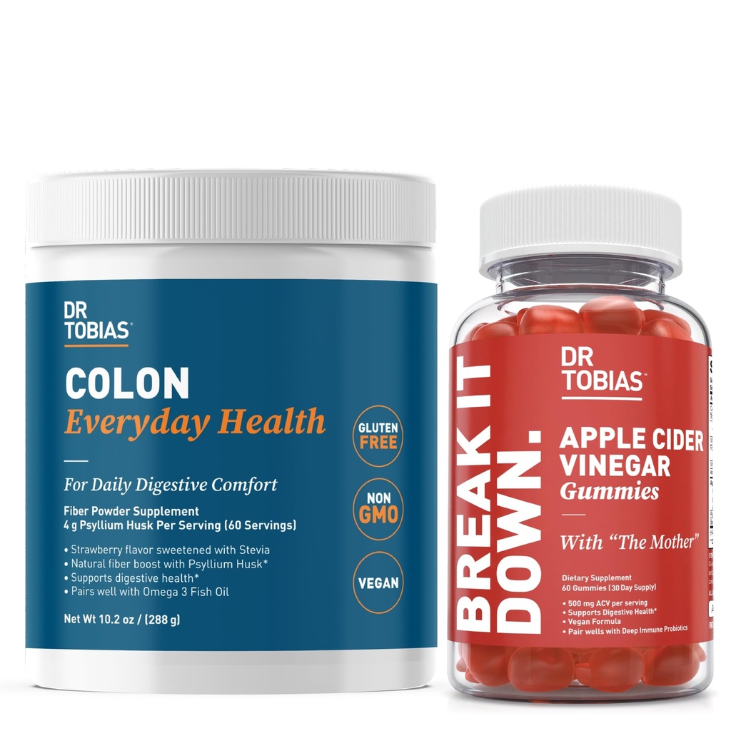 Dr. Tobias Apple Cider Vincious Gummies & Colon Everyday Health - Daglig fordøjelse, Detox og rense støtte med ACV Gummies & Psyllium Husk Powder
