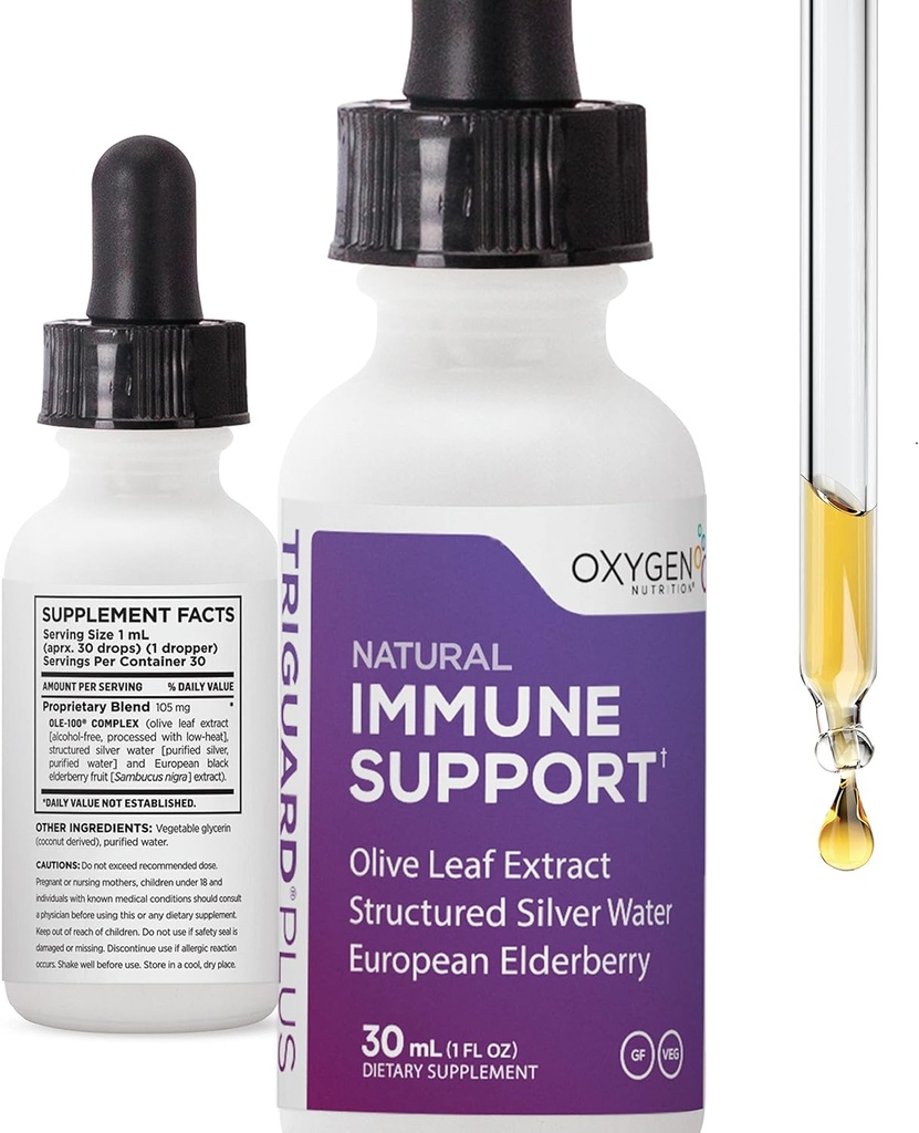 Triguard Plus Koncentrat C124; Kolloid Sølv, Sambucus Elderberry Extract & Olive Leaf Extract, 3- in-1 Liquid immunforsvar C124; Kraftfuld immunsystem Booster C124; Great Taste - 1oz / 30ml, Made in USA