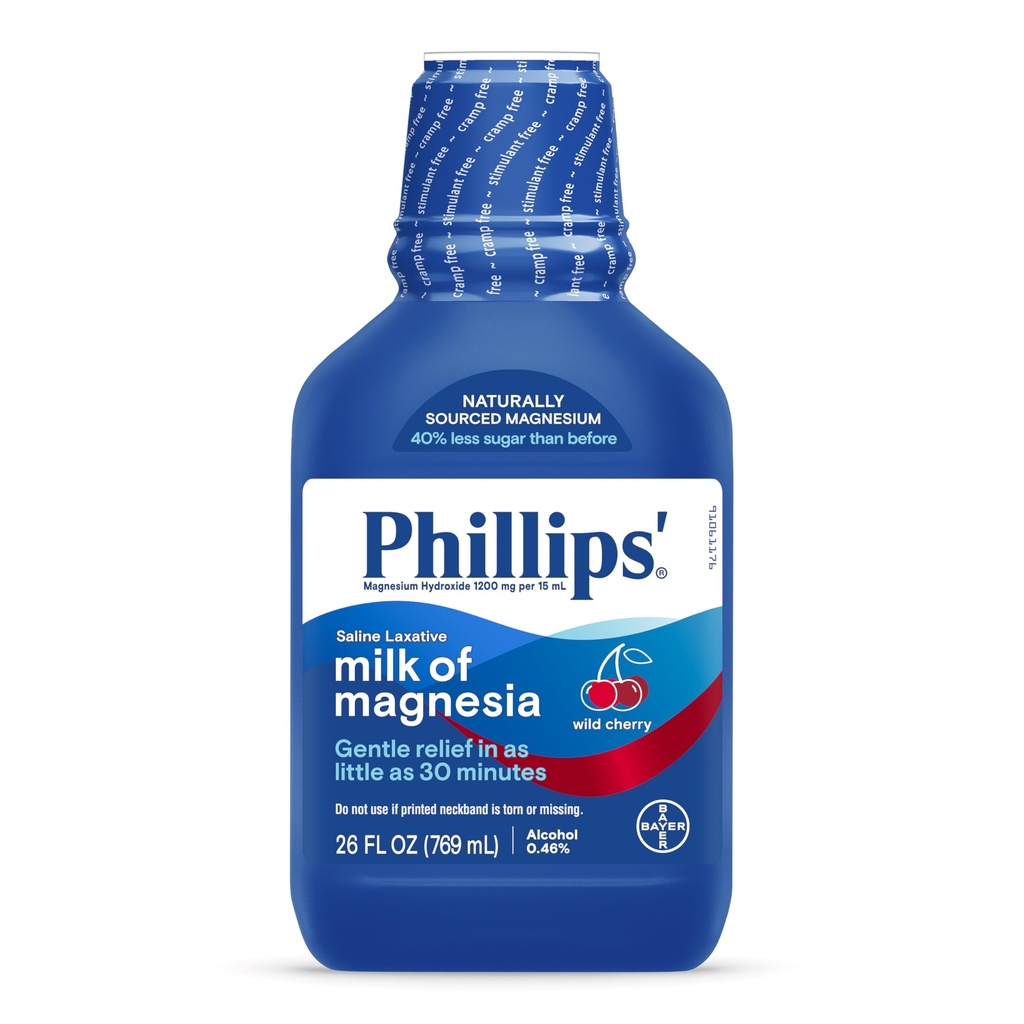 Phillips 'Milk of Magnesia Liquid Laxative, Wild Cherry Flavor, Stimulant Free, Cramp Free Relief of Occasional Constipation *, Effektiv i 30 minutter - 6 timer, # 1 Milk of Magnesia Brand, 26 oz