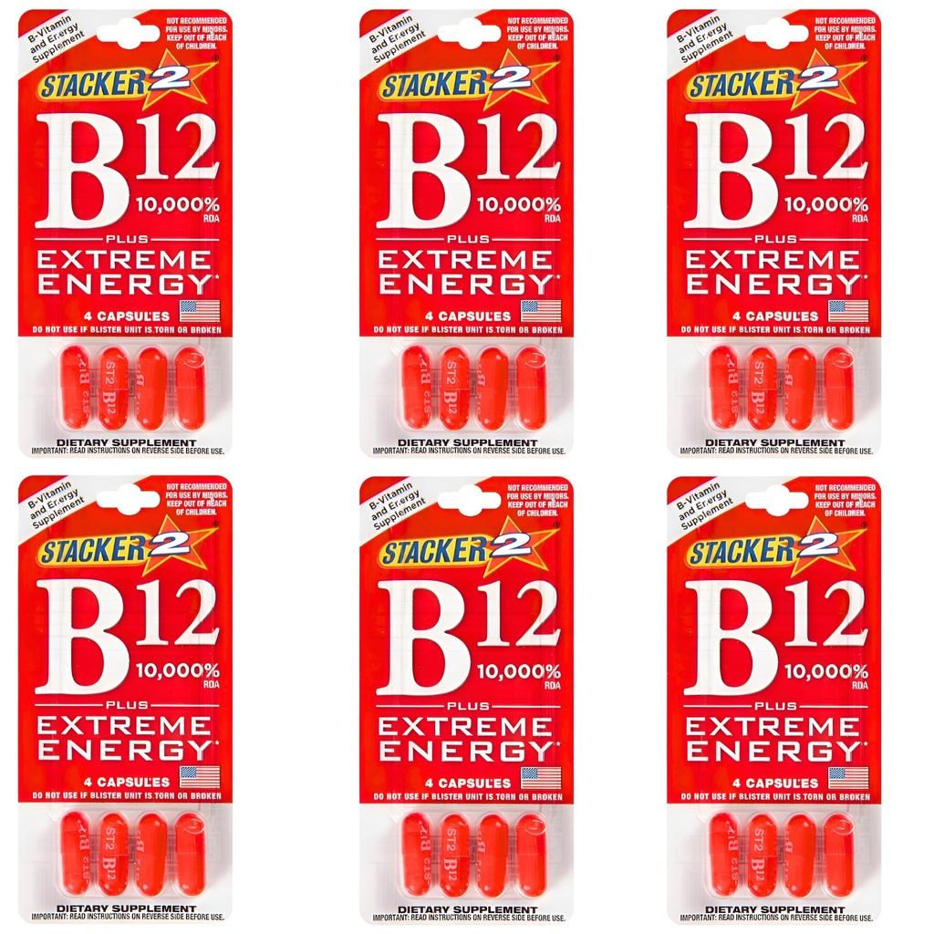 Stacker B12 Extreme Energy Capsule 10,000 RDA Vitamin B Complex B12 B6 B3 B7- Vegansafe & Vegan Cyanocobalamin, B6 Pyridoxine - B7 Biotin B3 Niacinamide (Niacin)