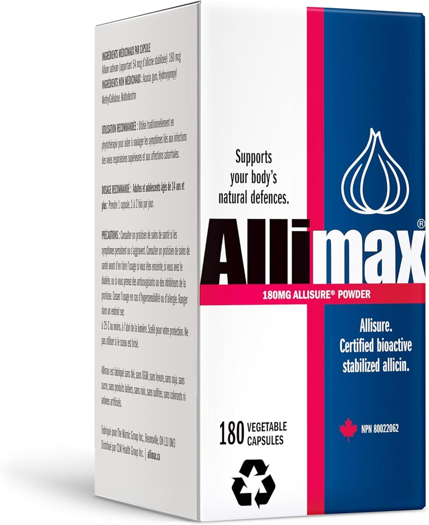Allimax 180 mg 180 kapsler. Understøtter din krops immunfunktion gennem naturlige Allicin, en Potent Organosvovl Compound Udtrukket fra ren og bæredygtig spansk voksen hvidløg.