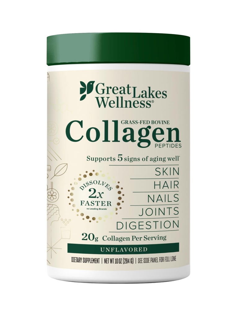 Great Lakes Wellness Collagen Peptider Pulver til hud, hår, negle, Joints & fordøjelse - Unflavored - Hurtig opløsning Hydrolyseret, Non- GMO, Keto, Kosher - 10 oz
