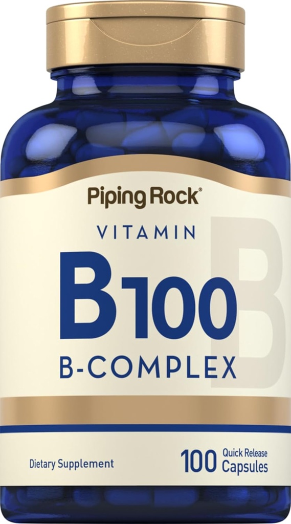 Piping Rock Vitamin B- 100 Complex B124; 100 Kapsler B124; Vitamin B12, B1, B2, B6 B124; Non- GMO, Gluten Free Supplement