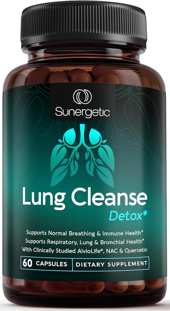 Sunergetic Premium Lung Support Supplement - Lung Cleanse & Detox supplement med Mullein Leaf, NAC, Bromelain & Boswellia- Lung Health Formel for luftveje, åndedræt & bronkial health- 60 kapsler