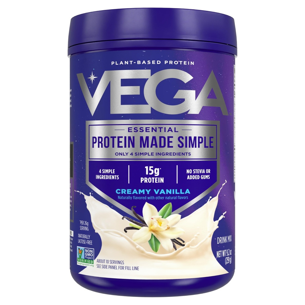 Vega Protein Made Simple Protein Powder, Vanilla - Stevia Free, Vegan, Plant Based, Sund, Gluten Free, Pea Protein for Women and Men, 9.2 oz (Packaging May Vary)
