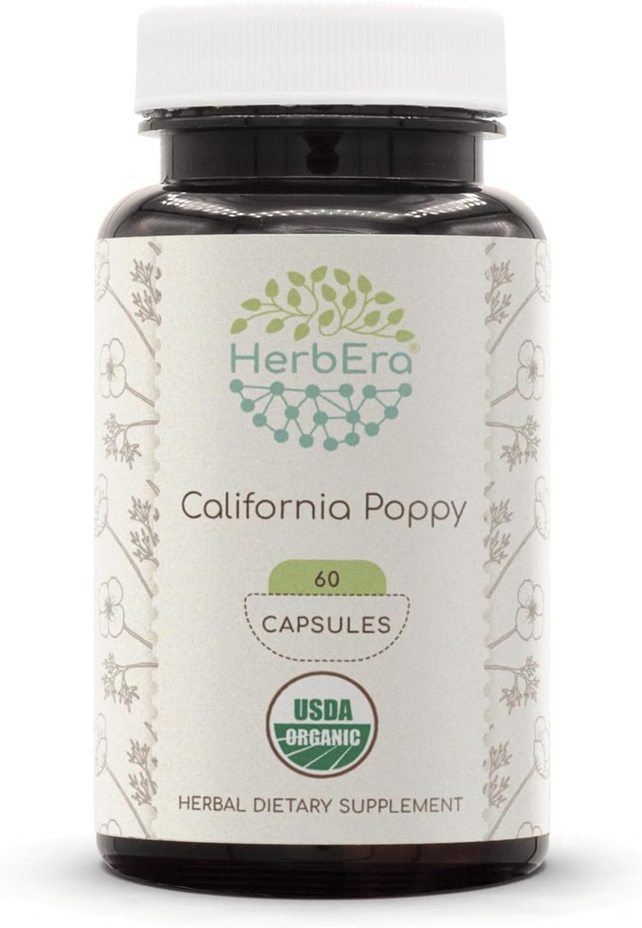 HerbEra California Poppy 60 Kapsler, 800 mg, Fremstillet med USDA Organic California Poppy (Eschscholzia Californica) Tørret Herb and Flower (60 Kapsler)