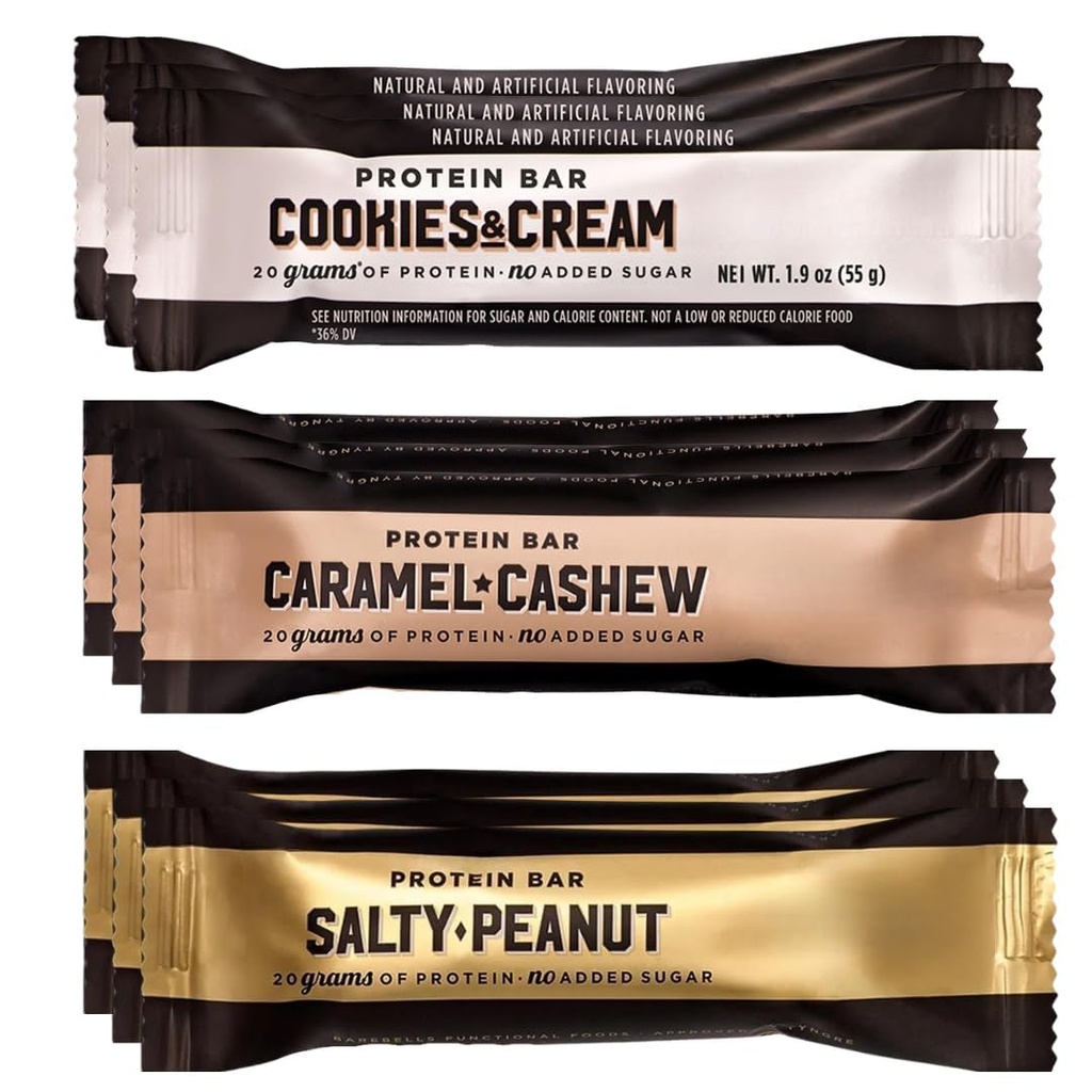 BarbeIIss - High-Protein Snack Bars – Protein Bar Variety Pack (9 Count), 20g Protein, No Added Sugar, Cookies & Cream, Salty Peanut, Caramel & Cashew