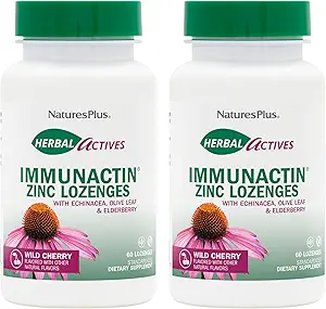 NaturesPlus Herbal Actives ImmunActin - 60 Zink Lozenges, Pack of 2 - Wild Cherry Flavor - Understøtter immunsundhed - med Echinacea, Elderberry & Olive Leaf - Gluten Free - 120 Total Servering