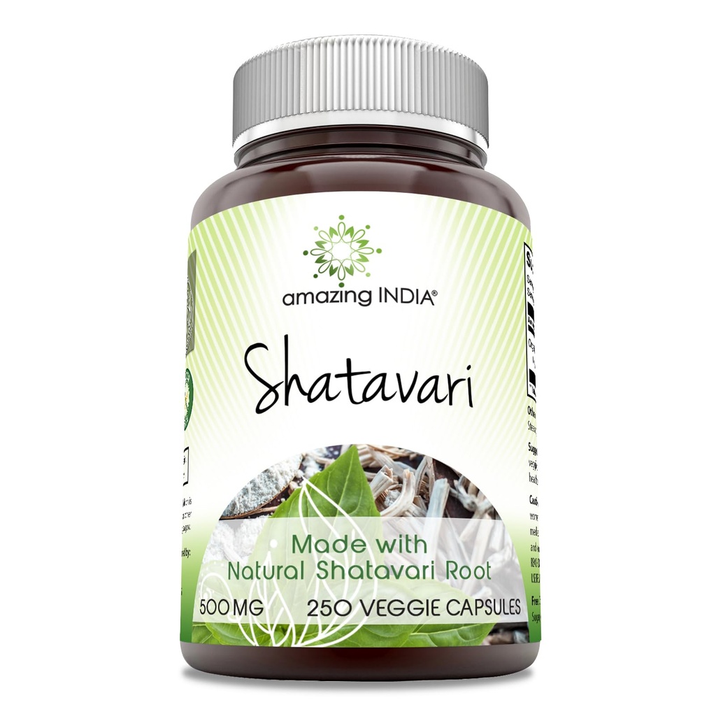 Amazing India Natural Shatavari 500 Mg per Serving 250 Veggie Kapsler Supplement 124; Non- GROMLE 124; Gluten- Free