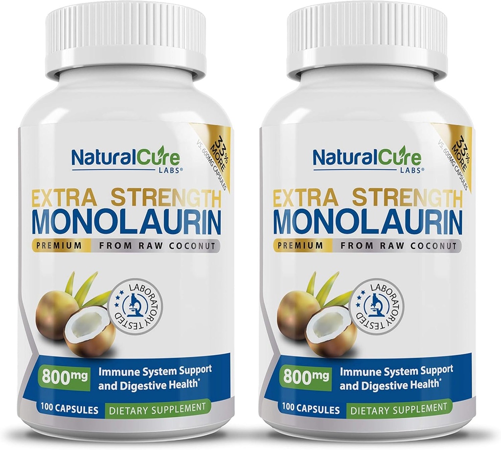 Natural Cure Labs Extra Strength Monolaurin 800mg - 2 Pack, 200 Kapsler