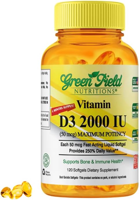 Greenfield Nutritions Halal Vitamin D3 2000 IE Softgel - 50 mcg høj potens D3, 120 Unflavored Mini Softels - Halal Vitamin D med halal Beef Gelatine, understøtter immunbone tænder hjerne og hår