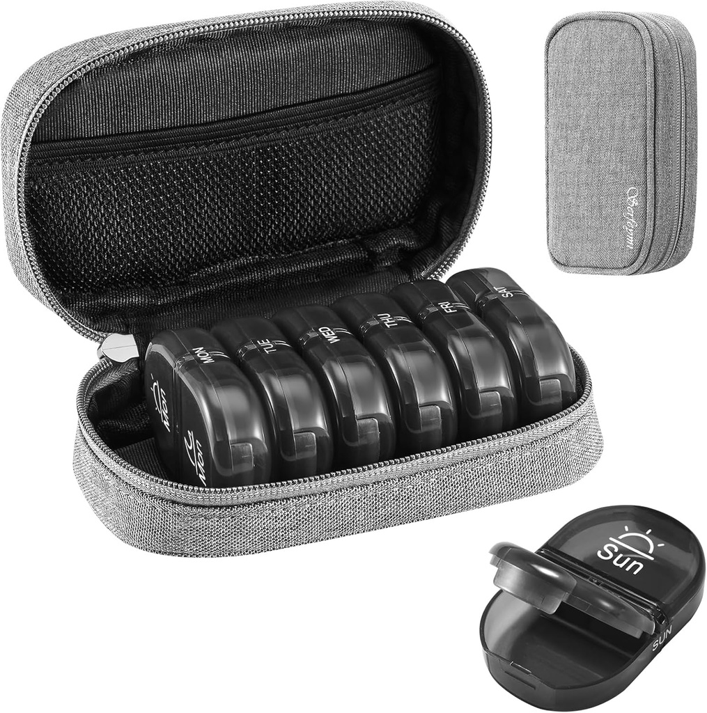 Serfeymi Weekly Travel Pill Organizer 2 gange en dag PM opgraderet Black Pill Box 7 dag med Portable Zipper Canvas Pill Case, Medicin Organizer til piller, Vitaminer, Kosttilskud, Fiskeolier - Grey 01