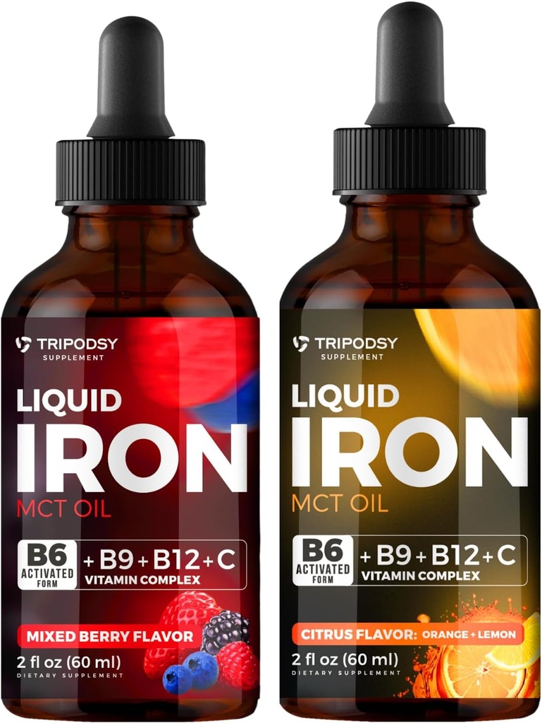 Flydende jerntilskud, jerndråber, kvinder og mænd, B6, B9, B12, C-vitamin, anæmi, blodbygger, folat, rød blodcelle, immunstøtte, MCT Oil, Citrus, blandet berry