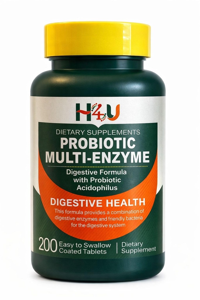 H4U Probiotic Multi-Enzyme Digestive Enzymes Formula with Acidophilus Tablets for Digestive Health & Gut Support, Dietary Supplement, 200 Count