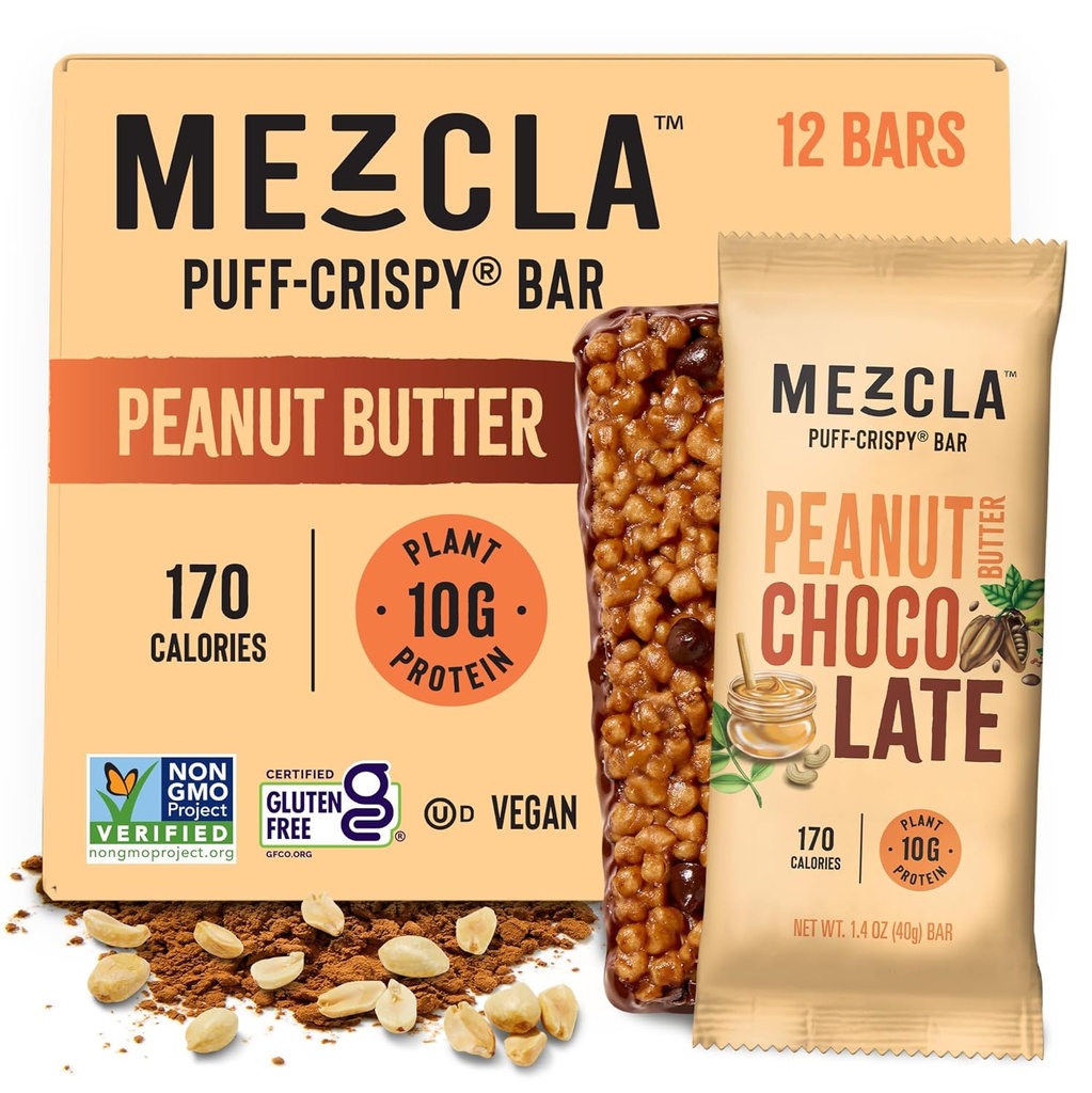 Mezcla Puff Crispy Protein Bars, Gluten Free & Vegan Protein Bars, 10g Protein, Alt for Crispy Rice Treat, Granola Bars & Breakfast Bars, Sunde Snacks for voksne, Peanut Butter Chokolade, 12 Pack