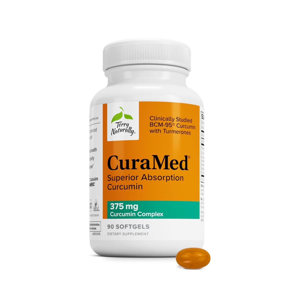 Terry naturligt CuraMed 375mg - Antioxidant supplement til hjerne og immunforsvar - Kosttilskud med curcumin & gurkemeje Essential Oil - Urteleverstøtte - 90 Softgels