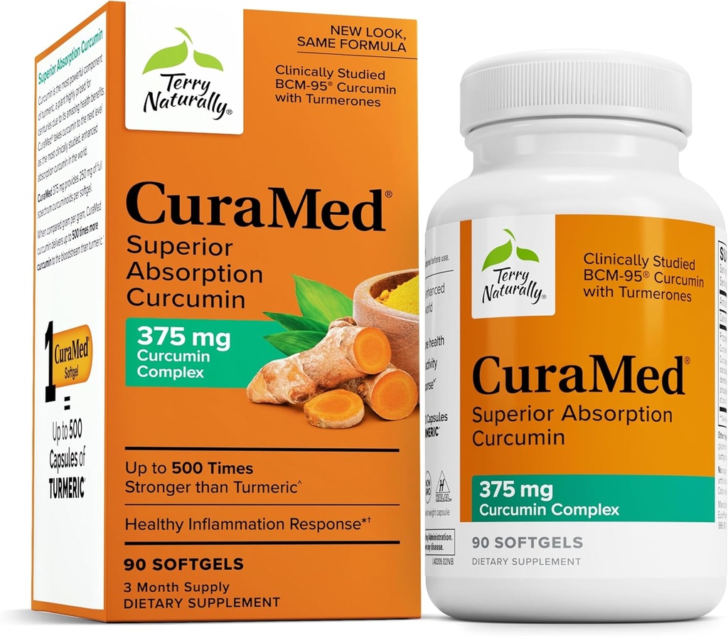 Terry naturligt CuraMed 375mg - Antioxidant supplement til hjerne og immunforsvar - Kosttilskud med curcumin & gurkemeje Essential Oil - Urteleverstøtte - 90 Softgels